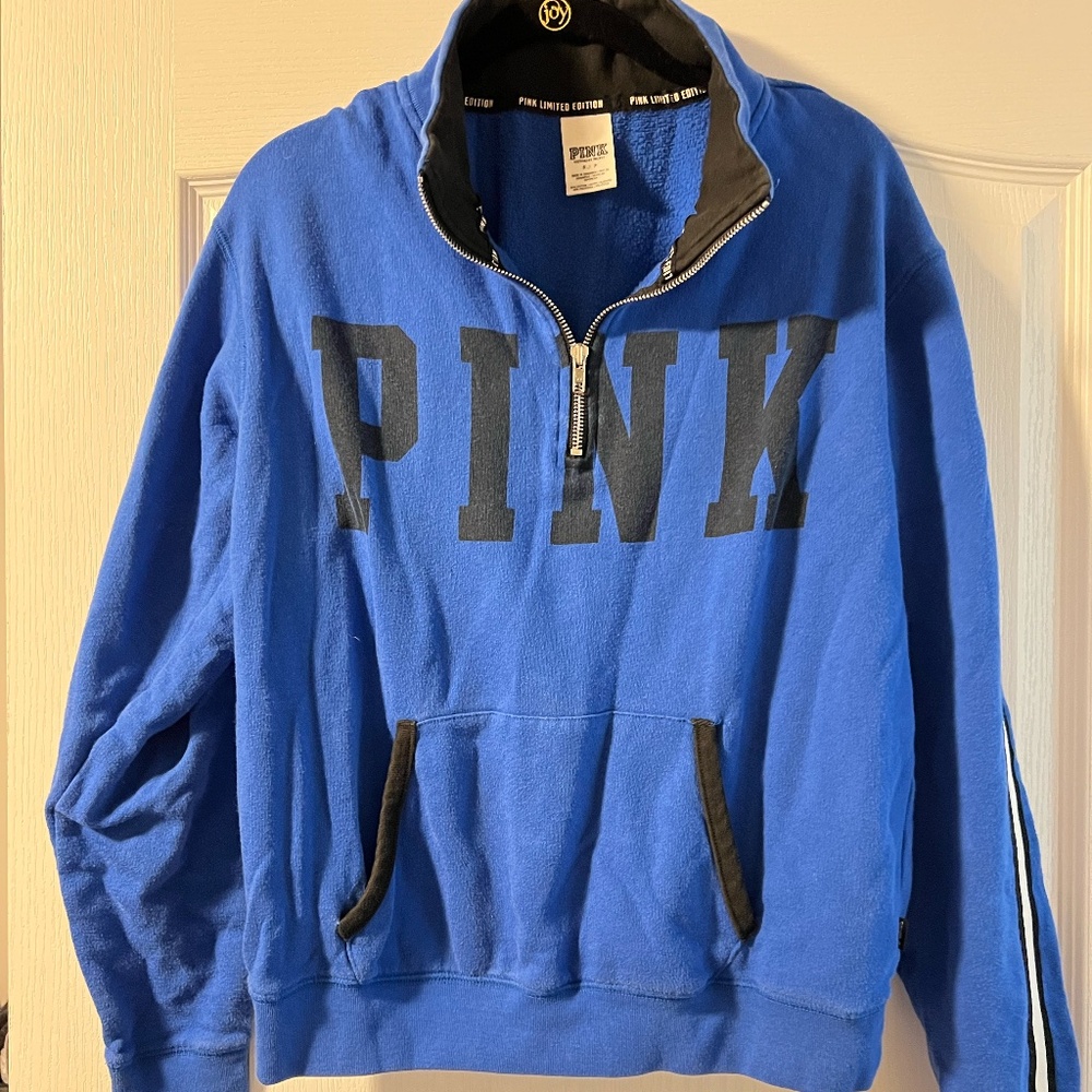VS Pink Quarter Zip front hoodie pocket - blue, small